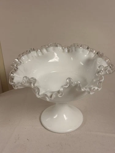 Vintage Fenton Milk Glass Silver Crest Pedestal Compote Ruffled Edge Dish
