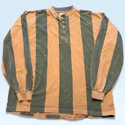 Balcony Shirt Mens Large Green Stripe Long Sleeve Henley Tee T