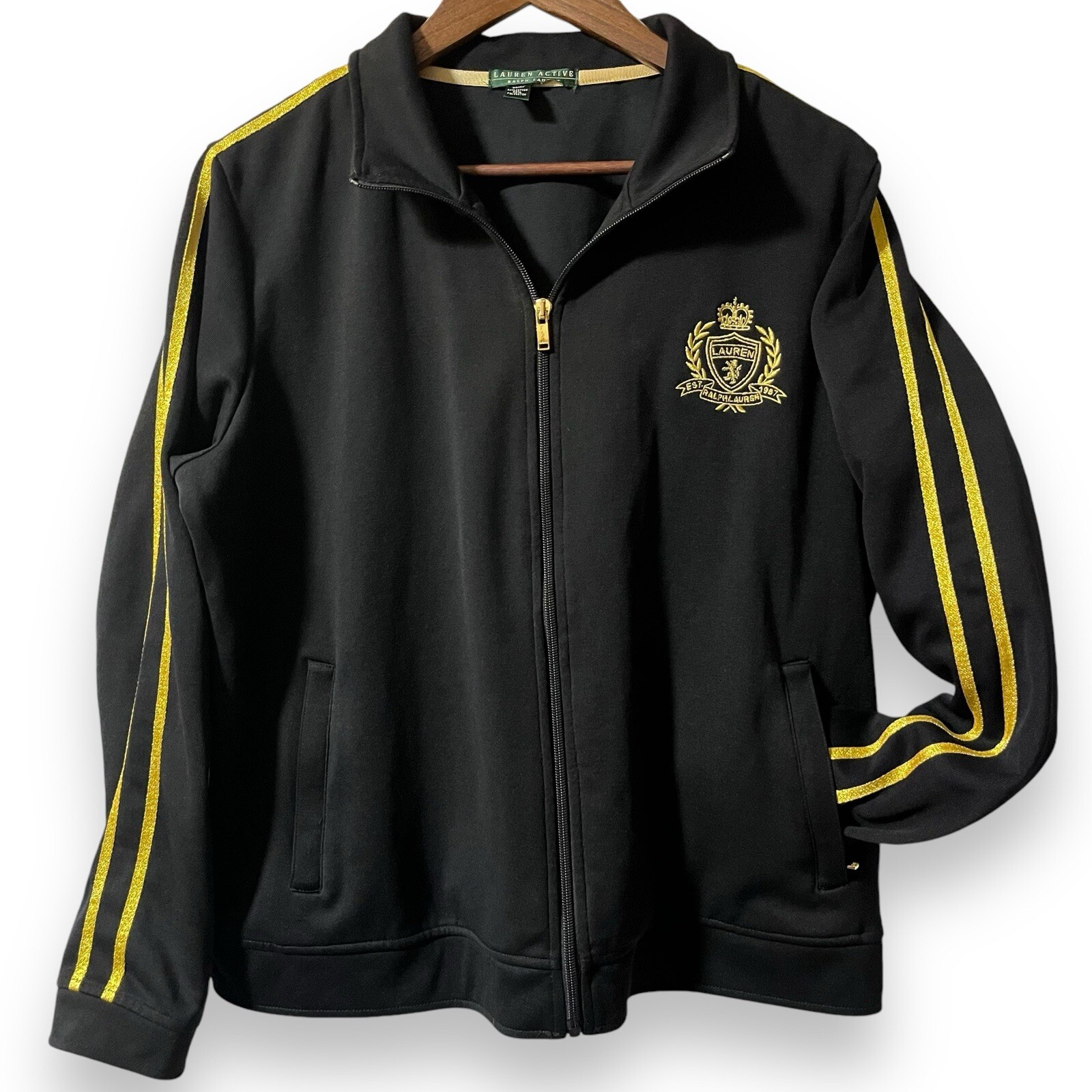 LRL Ralph Lauren Jacket Large Black Gold Large Crest Full Zip Sweater Preppy