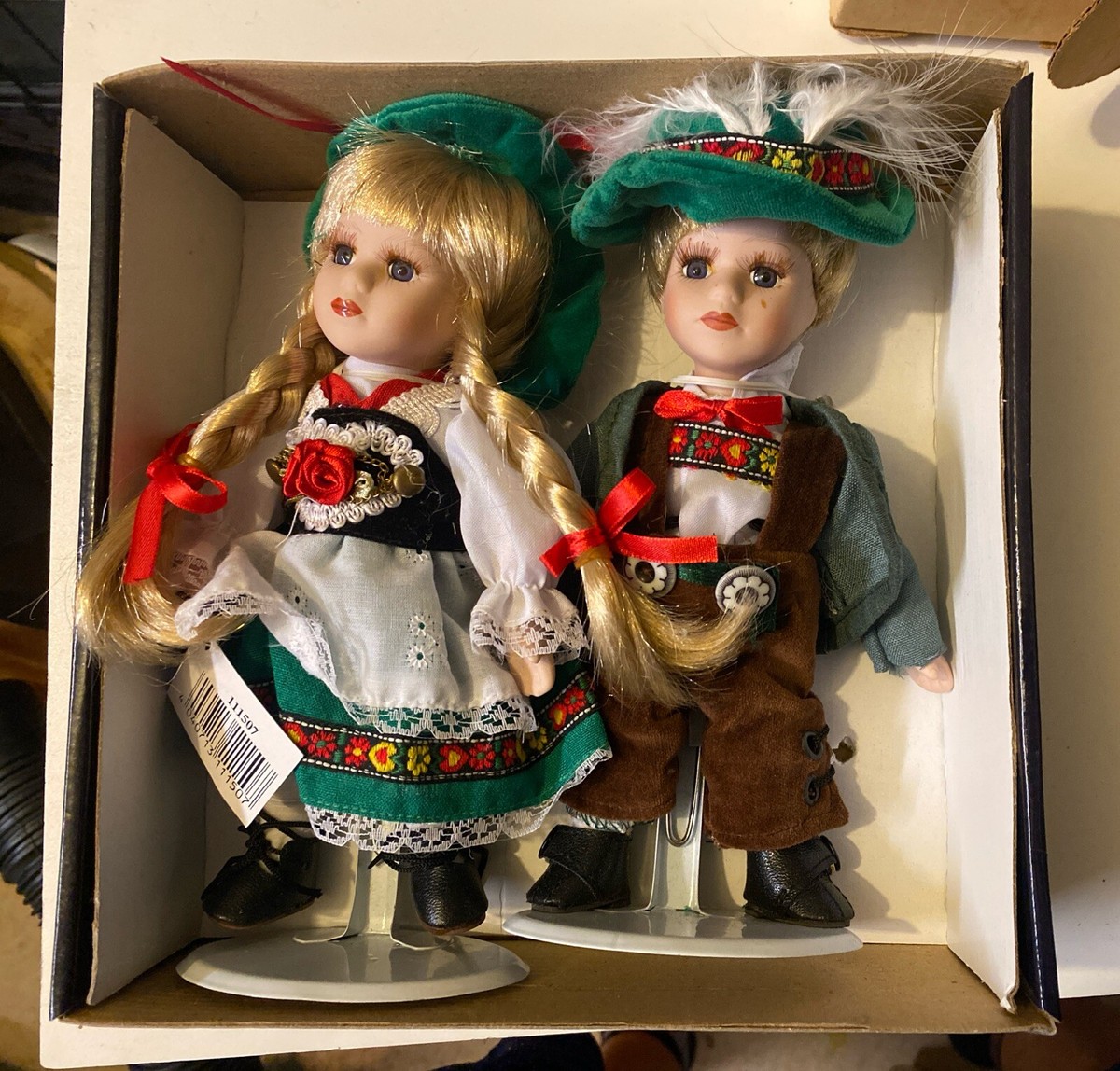 Vintage Hansel Gretel Porcelain/Cloth Dolls 8” On Stands German