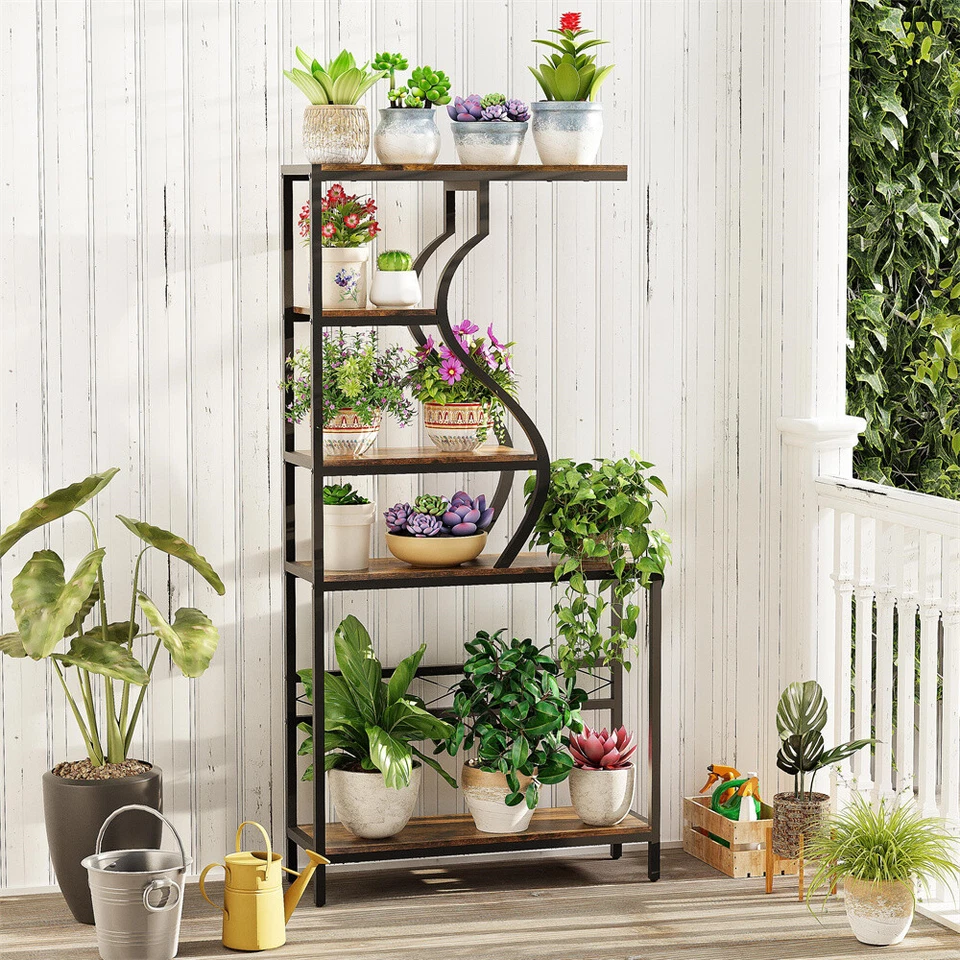 Estante de exhibición grande de almacenamiento para organización del hogar alto soporte para plantas estantería rústica Foto 4 de 4