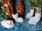 6 Avon White Milk Glass Animal Figurines Cats Dogs Rooster Hen Empty Bottles