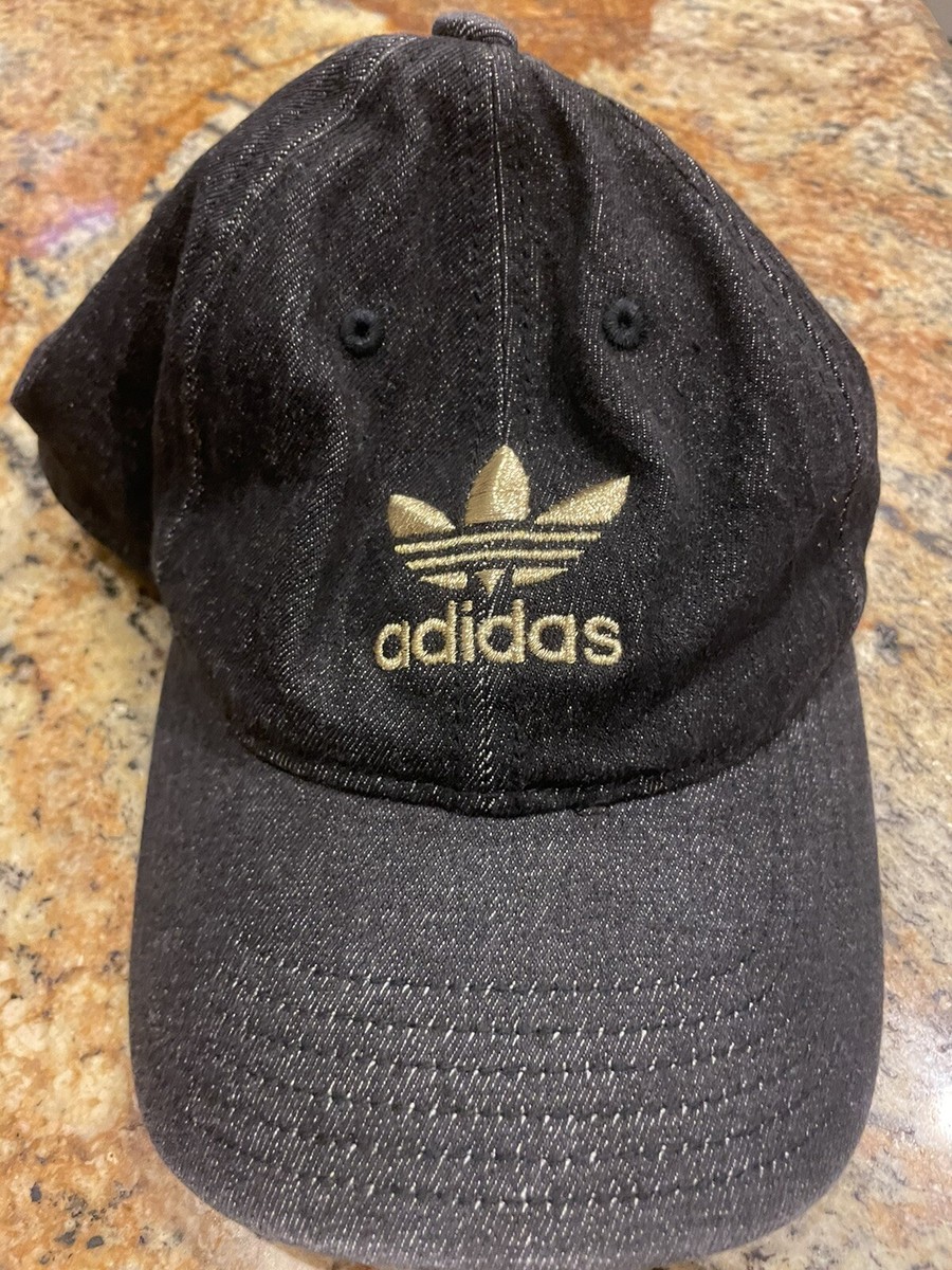 Adidas Black Denim Gold Trefoil Logo Hat Cap Unisex Adult Cotton One Size