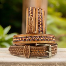 Beaded Western Belt Cowboy Rodeo Full Grain Leather Hand Tooled Removable Buckle