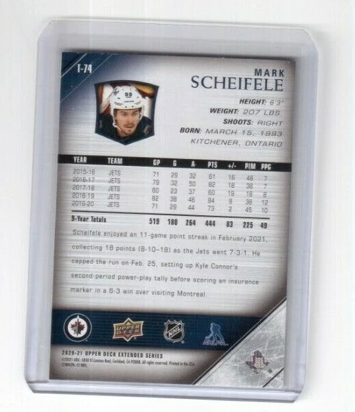 2020-21 Upper Deck Extended Series Card # T-74 Mark Scheifele Winnipeg Jets (SP) - Image 2 of 2