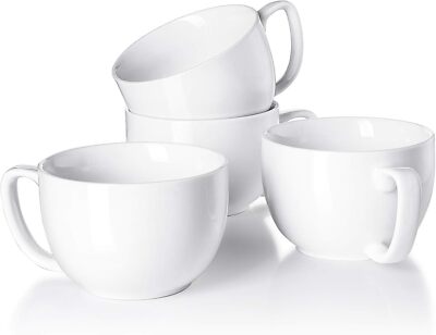 16oz Large Coffee Mugs Set of 4 - Thick White Porcelain Cups for Cappuccino