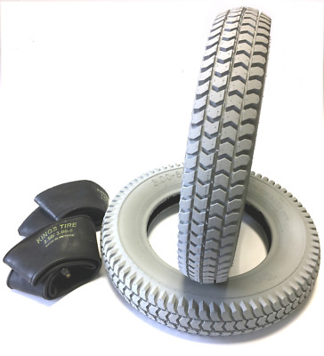 2x Wheelchair Tyre 3.00-8 Grey Block Tread + 2x Hose Angle Valve 