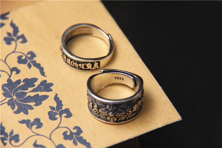 B25 Anello Vajra 6 Wort Mantra Paio Partner Anello Nuziale Amicizia Argento 925 - Immagine 4 di 4