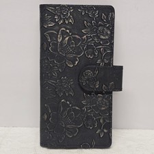 Floral Embossed Textured Black Genuine Leather 3D Flowers Boho Checkbook Cover