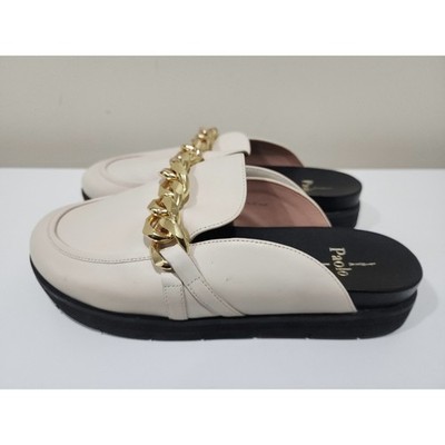 Linea Paolo Roann Womens US 8M Cream Leather Platform Metal Chain Slip On Mules