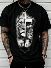 Man S' Lion Cross Print Black TShirt, Crew Neck, Casual Cotton Tee