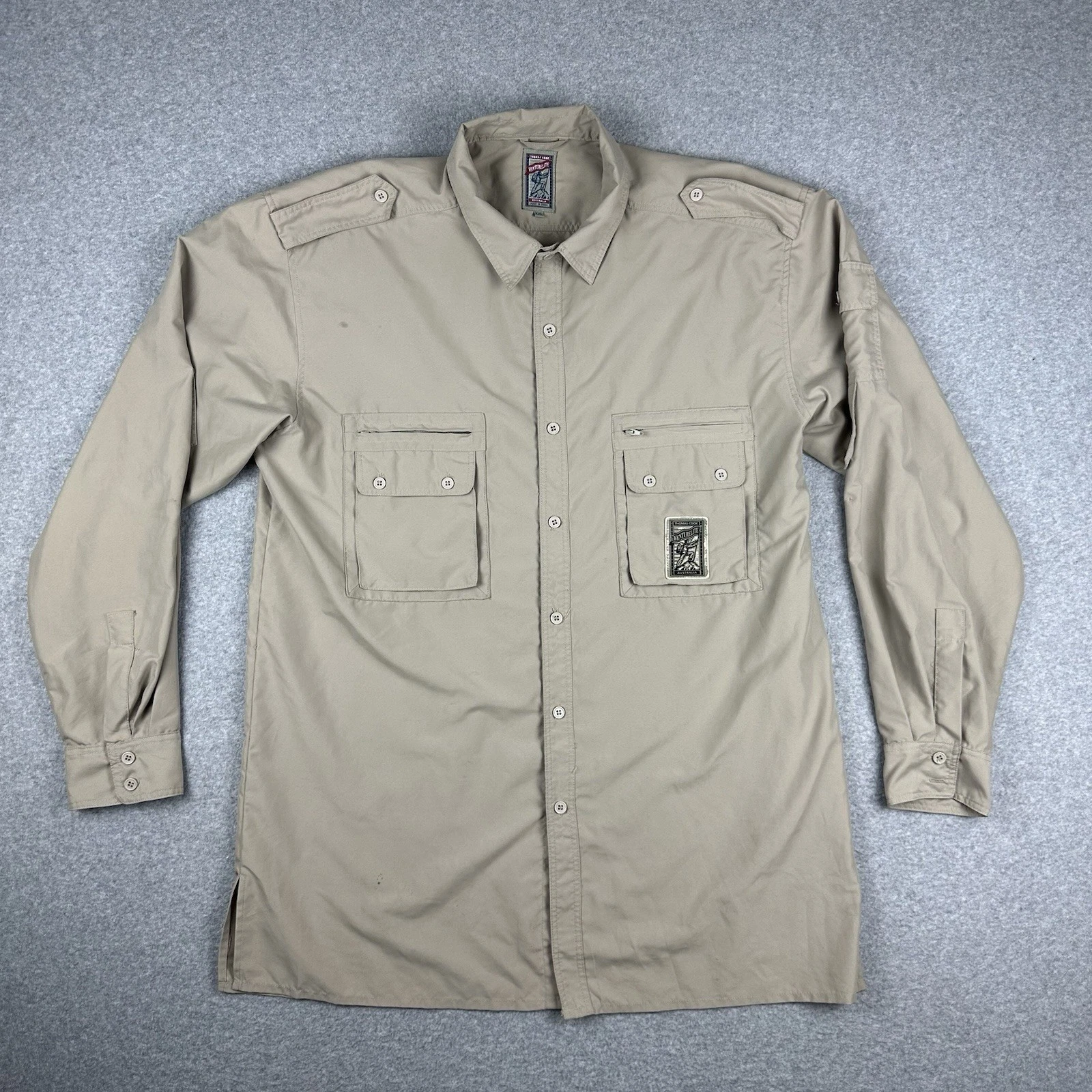 Thomas Cook Venturelite Vtg L/S Utility Shirt Size 2XL Khaki Hiking Fishing Wear