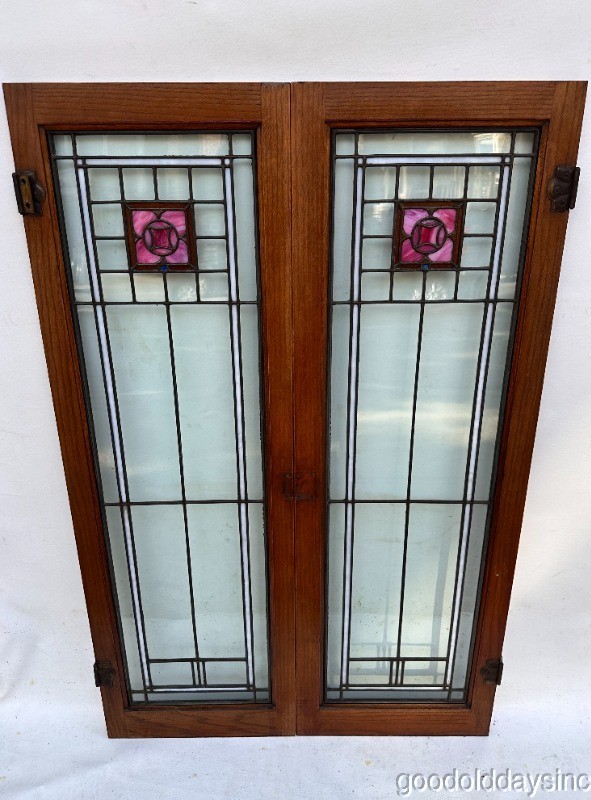 Pair of Antique Chicago Stained Leaded Glass Windows  Doors 48"x16"