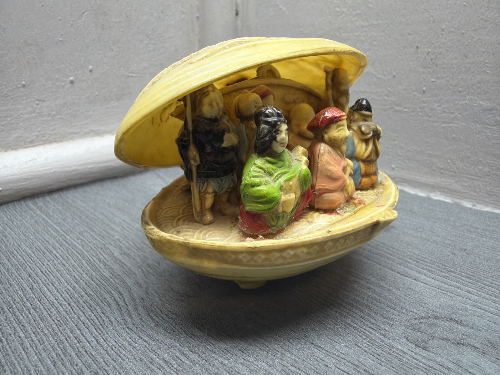 Vintage Japanese 7 Gods of Good Fortune Luck Celluloid Clamshell Diorama Japan