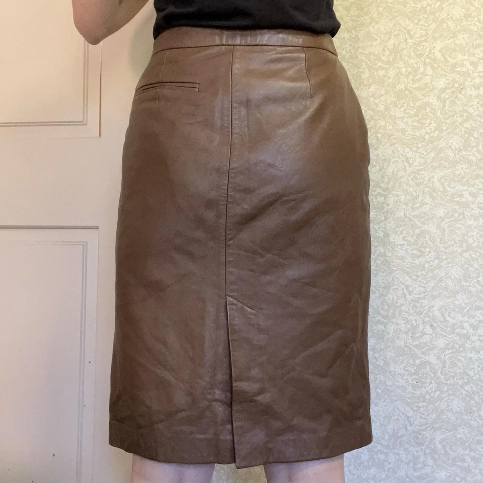 Brown Leather Pencil Midi Skirt By Hugo Buscati Size 2 Vintage 90s - Image 3 of 4