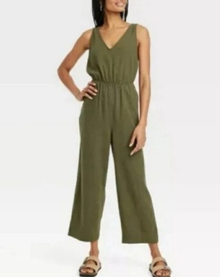 Universal Thread Women s Linen V-Neck Jumpsuit Romper Olive Green XS