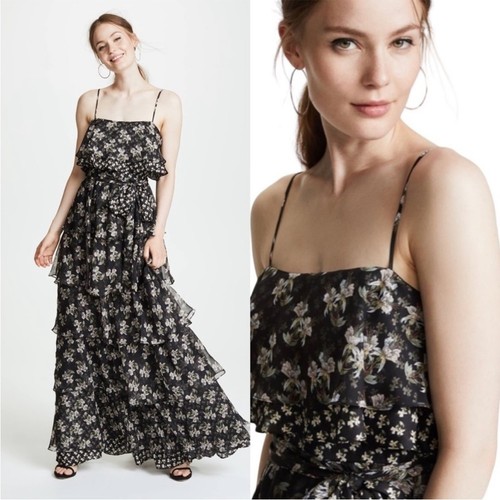 NWT Jill Stuart Kiera floral ruffle tiered maxi gown dress black 6 chiffon