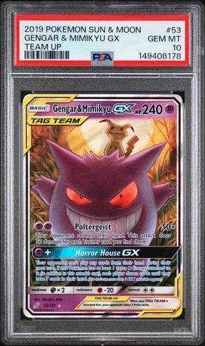 2019 POKEMON SUN & MOON TEAM UP #53 GENGAR & MIMIKYU GX PSA 10