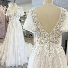 Lace V-Neck Boho Wedding Dress with Sleeves vestidos A Line Tulle Customized