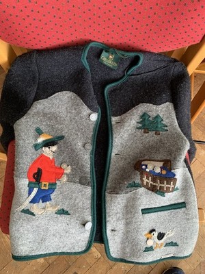 Giesswein Kinder Trachten Jacke  Walkjacke Wolle grau/dunkelgrau/grün Gr. ca 176