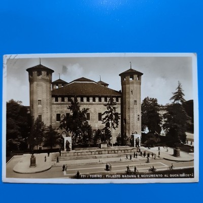TURIN PALAZZO MADAMA AND MONUMENT TO THE DUKE OF AOSTA TRAVEL POSTCARD + STAMP