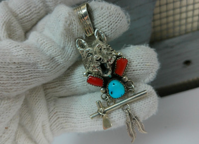 Navajo Running Bear Wolf Turquoise Red Jasper Sterling Native American Pendant