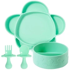 Baby Plates and Bowls Set - Essential Baby-Led Weaning Supplies - 4 Pieces, Mint