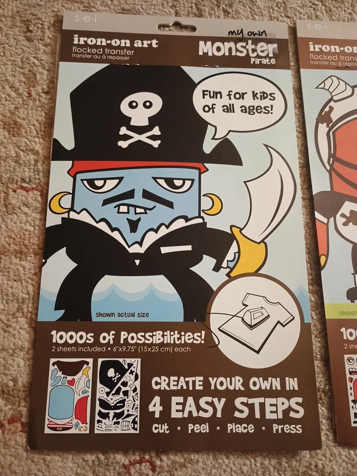 Lot 2 Packs My Own Monster Iron-On Art Shirt Football & Pirate Flocked Transfer - Image 2 of 4