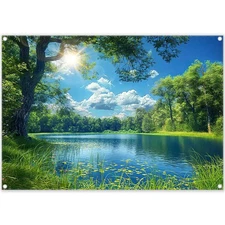 Fabric 7x5ft Lake Natural Scenery Backdrop River Forest Tree Blue Sky Bokeh B...