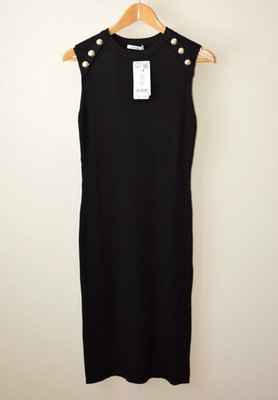 ORSAY BLACK RIBBED KNIT CREW NECK SLEEVELESS SUPER STRETCH MIDI DRESS SIZE S-M-L