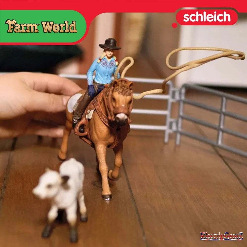 Schleich Farm World 4777 Vaquera Equipo Cuerda Diversión con Figura Caballo Lazo Valla Foto 3 de 4