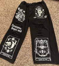 ROMWE Women Wide Leg Black High Rise Graphic Ripped Jeans Size 3XL