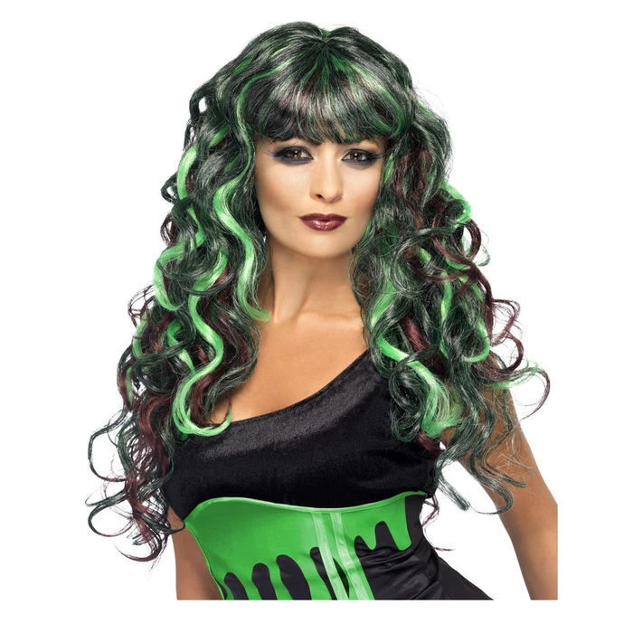 SMIFFYS Perücke Damen Langhaar Pony gewellt,Strähnen, Hexe, Meerjungfrau, Waldfee,grün