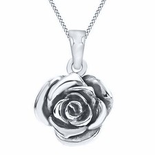 14K White Gold Plated Silver Beautiful Bloomg Rose Flower Pendant Necklace