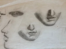 Very Nice Large Drawing Mine Lead Face Nose Eye Mouth Xixth Portrait 1850
