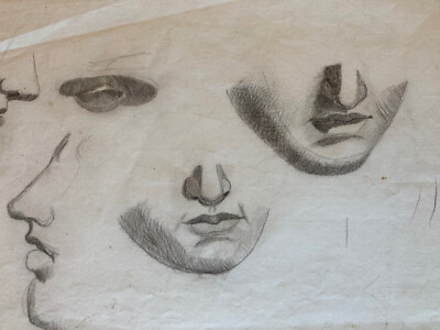 Très Beau Grand Dessin Mine De Plomb Visage Nez Œil Bouche XIXe portrait 1850