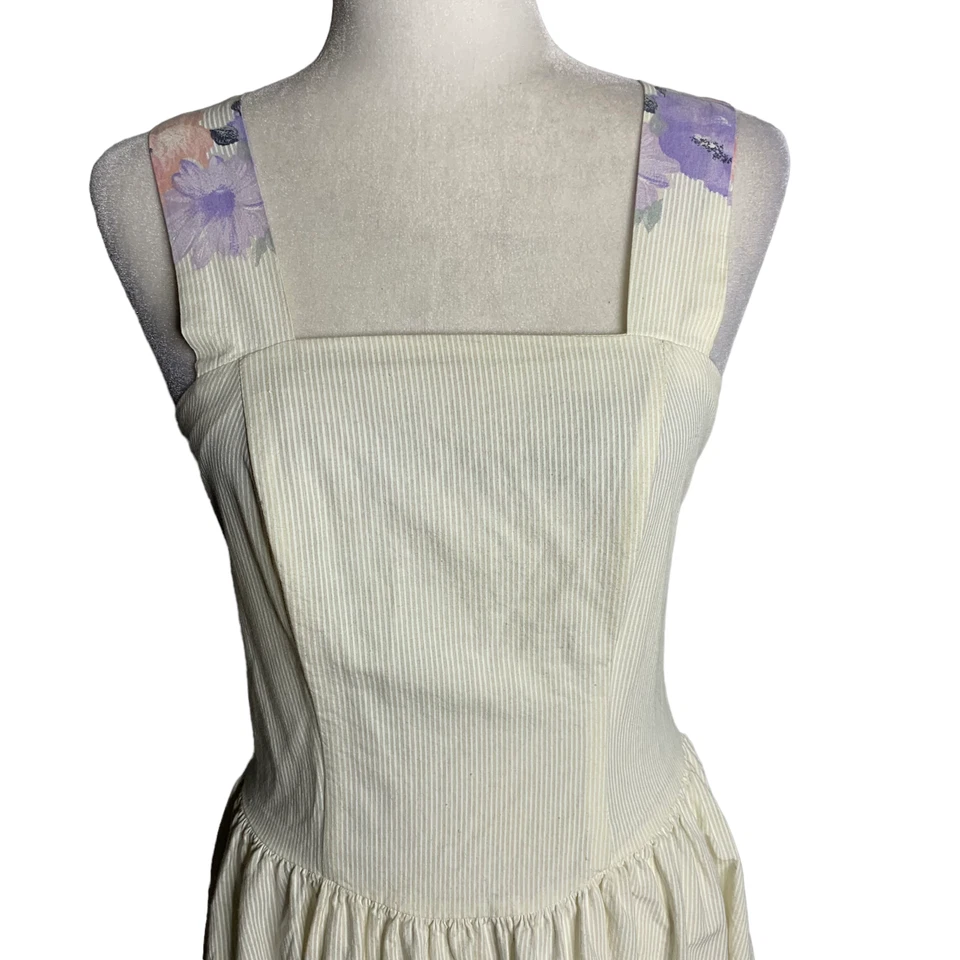 Vestido Columpio Vintage Años 80 Floral Rayas S Blanco Sin Mangas Deshuesado Cottage Core Foto 2 de 4