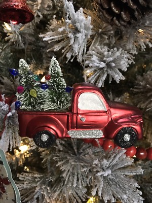 Red Truck Christmas Tree Ornament Bottle Brush Trees Xmas Sign Decoration
