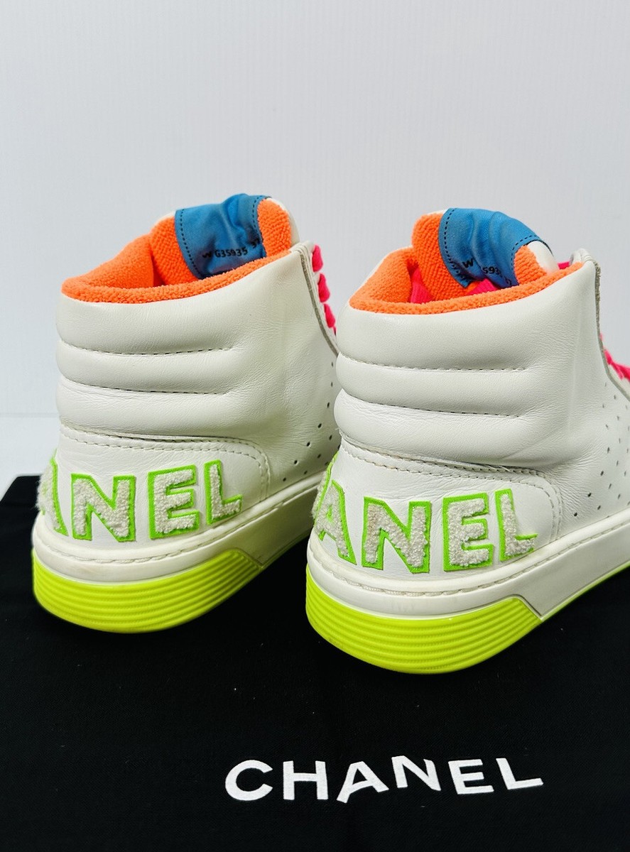 CHANEL Calfskin Womens Logo Sneakers 37 EU White Multicolor