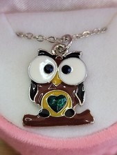 Owl Pendant Necklace In Pink Owl Velour Trinket Box Silvertone Enamel Child's