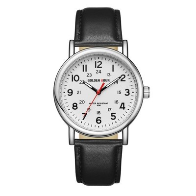 Men s Analog Easy to Read 38mm Watch with Black Leather Band White Dial