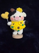 Handmade Amigurumi Crochet black and white cow with sunflower dress