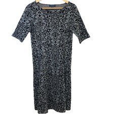 Lands End Career Dress Small  Gray Black Velvet Floral Sheath Business Office