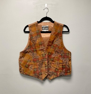 Global Identity G-III Leather Vest Womens Large Plaid Rose Floral Suede Brown L