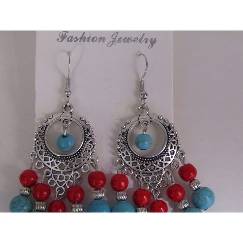 Orecchini stile etnico gocce d'acqua perle blu/rosse lega cava nappa turchese - Foto 3 di 6