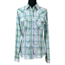 True Religion Turquoise Yellow Cowgirl Western Pearl Front Shirt Blouse Size M