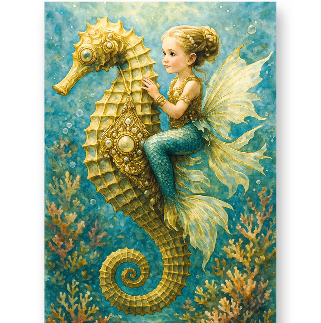 Mermaid & Seahorse Fairy Art Blank Greeting Birthday Card Fairies Ocean Mystical