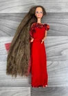 1991 TOTALLY HAIR BRUNETTE BARBIE DOLL LONGEST HAIR ULTRA LONG RED DRESS