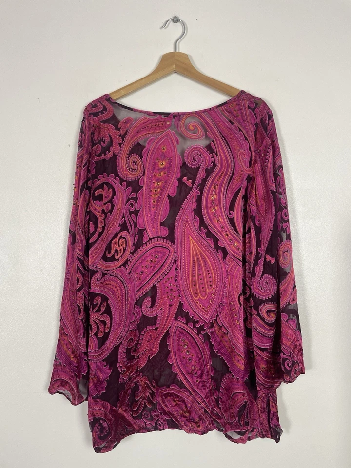 East Pink Paisley Silk Blend Beaded Long Sleeve  Top - Size 16 - Image 2 of 4