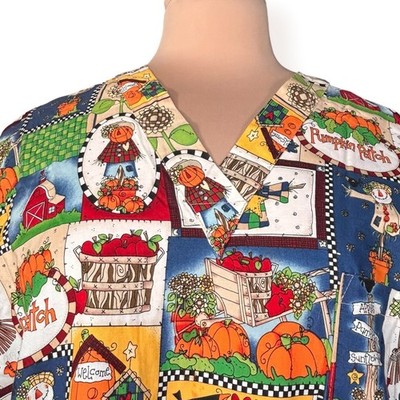 Vintage Pumpkin Patch Scrub Top Patchwork Fall Harvest Halloween Scarecrow Apple
